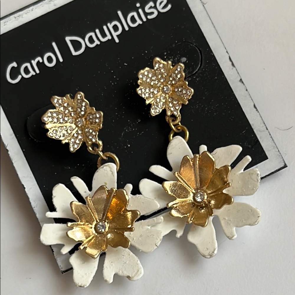 Carol Dauplaise Gold and White Floral Earrings